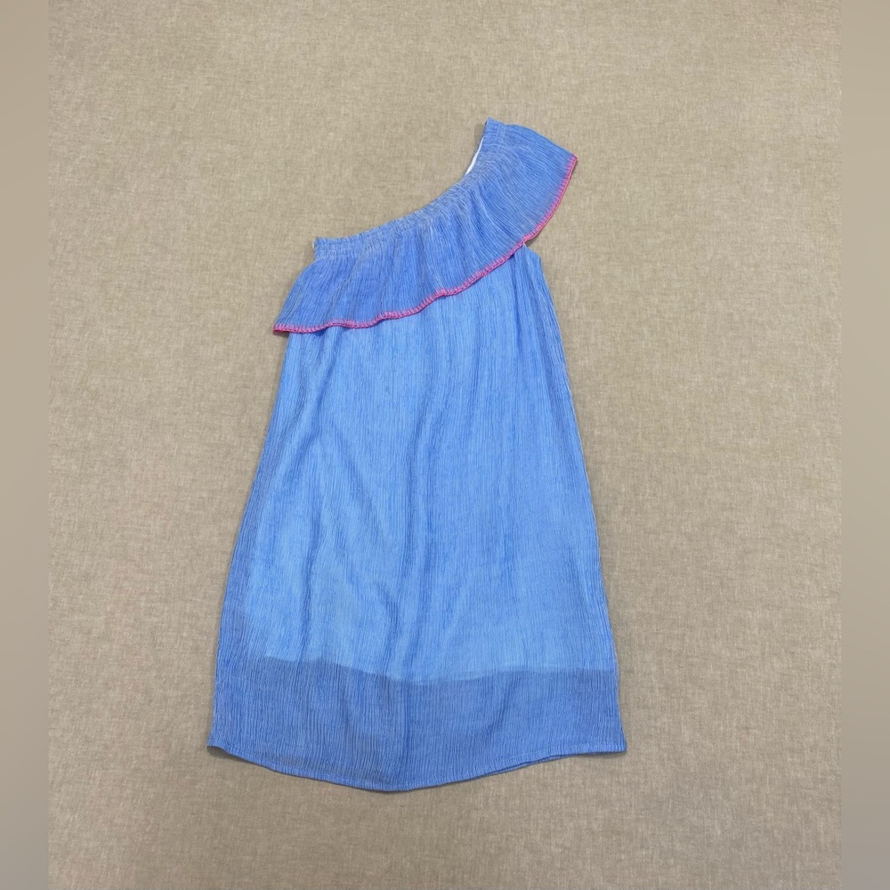 Lilly Pulitzer Ruffle One-Shoulder Seersucker Mini Dress XXS Blue Pink Emmeline